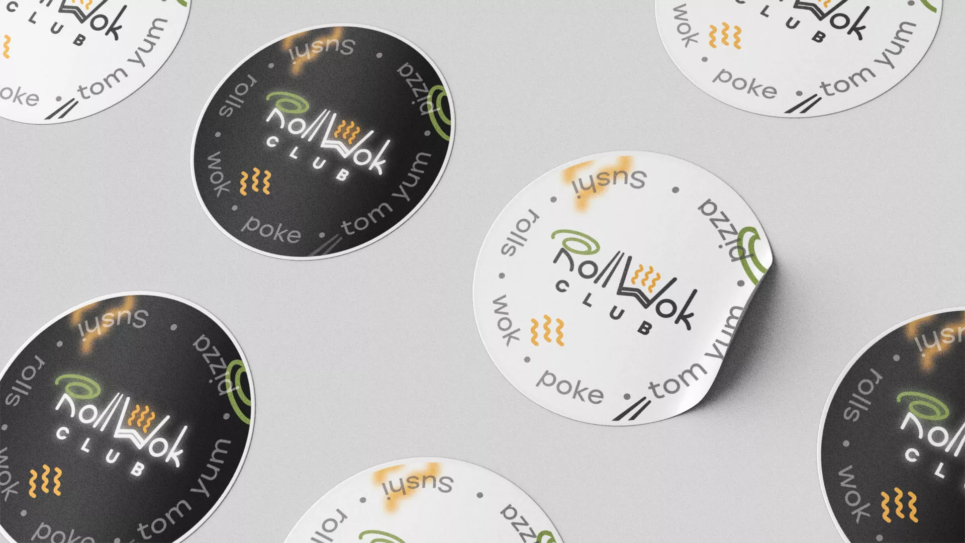 Разработка дизайна наклеек для суши-бара «Roll Wok Club» в Мышкине